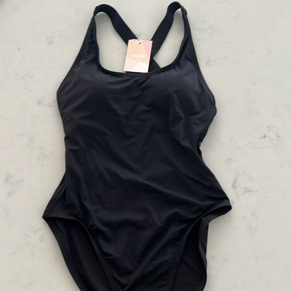Andie Tulum Swimsuit Black Criss Cross Back One Piece Small